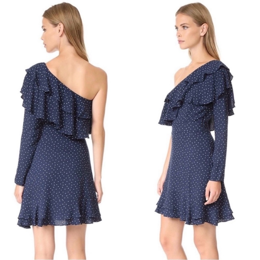 WAYF Laci Navy One Shoulder White Polka Dot Ruffle Tiered Dress Size L